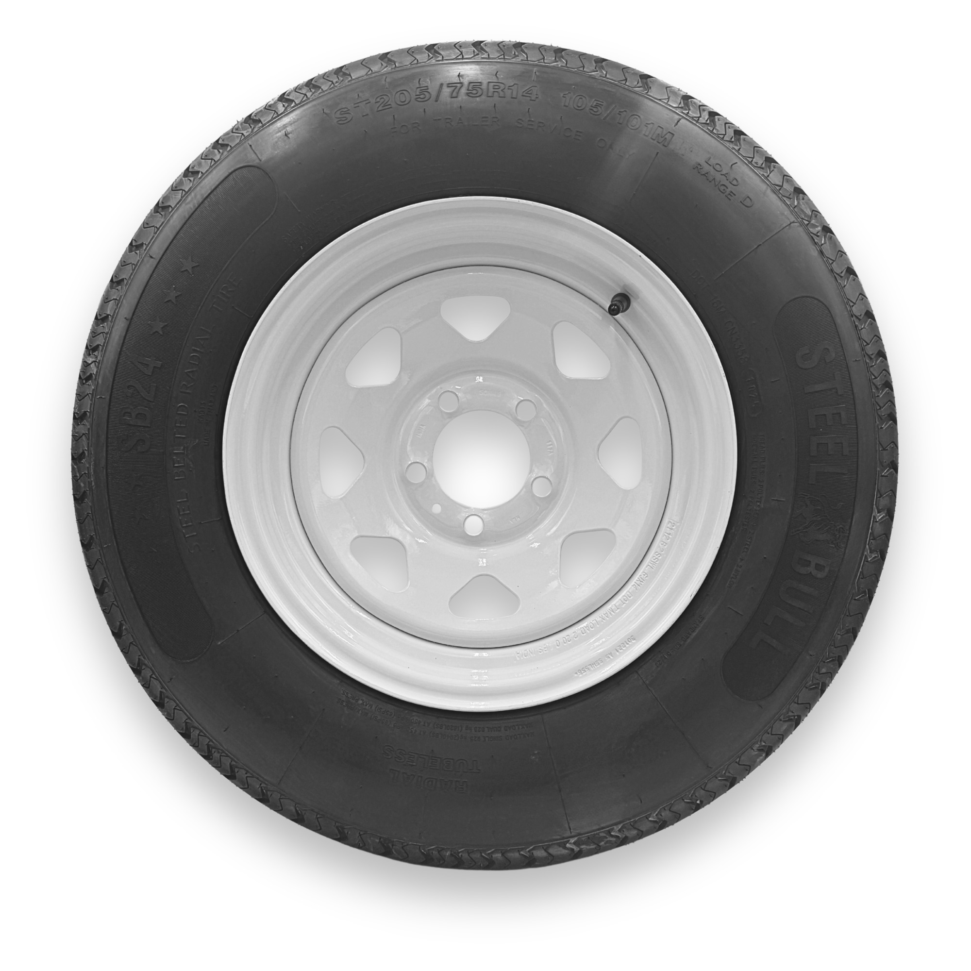 SteelBull ST215/75R14 8 Ply TL Highway Rib Tire on a 5 on 4.5 Bolt White Eight Spoke Wheel